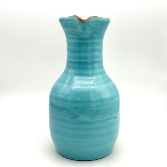 Large Pottery Vase Decanter Pitcher Aqua Blue Glossy Glazed Redware - Picture 5 of 10